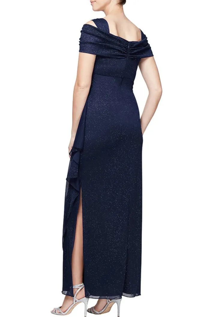 Petite Cold Shoulder Glitter Mesh Dress With Draped Skirt & Cowl Neckline