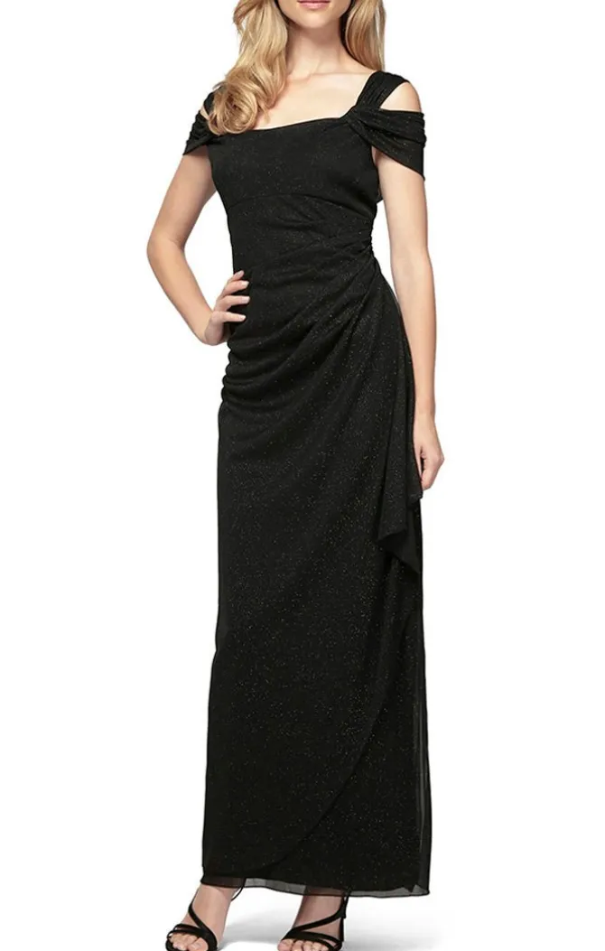 Petite Cold Shoulder Glitter Mesh Dress With Draped Skirt & Cowl Neckline