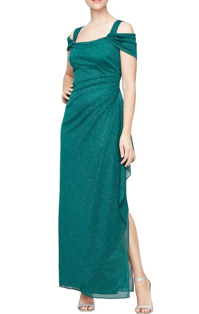 Petite Cold Shoulder Glitter Mesh Dress With Draped Skirt & Cowl Neckline