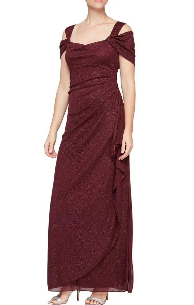Petite Cold Shoulder Glitter Mesh Dress With Draped Skirt & Cowl Neckline