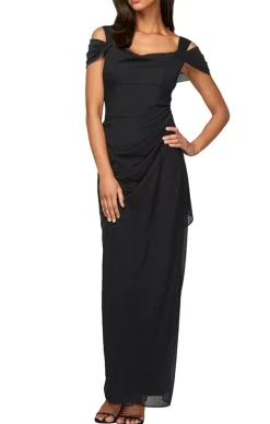 Petite Cold Shoulder Mesh Gown With Cowl Neckline & Overlay Skirt