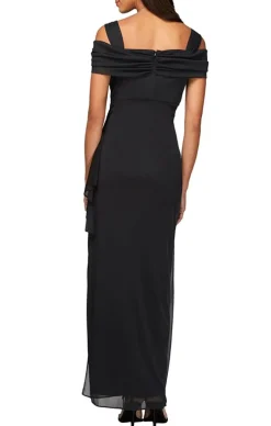 Petite Cold Shoulder Mesh Gown With Cowl Neckline & Overlay Skirt
