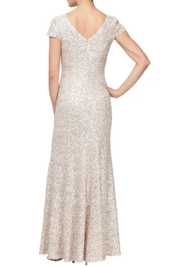 Petite Corded Lace Fit & Flare V-Neck Gown With Cap Sleeves