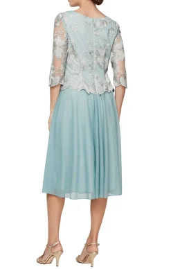 Petite Embroidered Tulle Dress With Illusion Sleeves & Scallop Trim