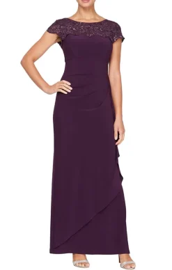 Petite Empire Waist Dress With Cascade Detail Skirt And Embroidered Illusion Neckline