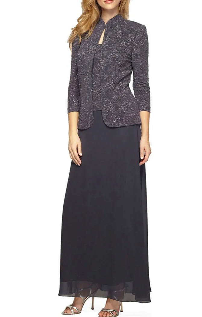 Petite Glitter Jacquard Knit Jacket Dress With Mandarin Neckline