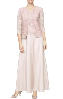 Petite Glitter Lace & Satin Skirt Jacket Dress With Open Jacket