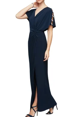 Petite Knot Front Dress With Front Slit & Embellishment At Shoulder