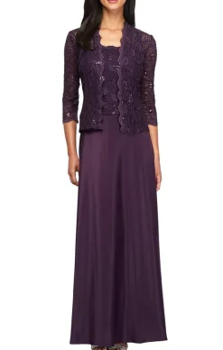 Petite Lace & Satin Gown With 3/4 Sleeve Scalloped Lace Jacket