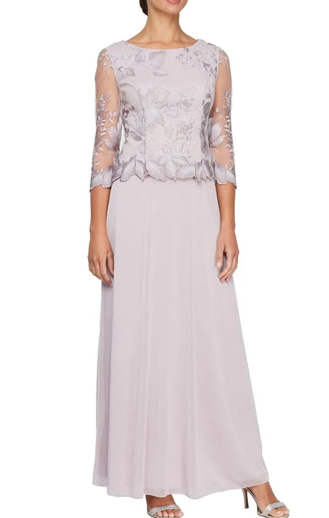 Petite Long A-Line Embroidered Mock Dress With Scallop Detail And 3/4 Sleeves