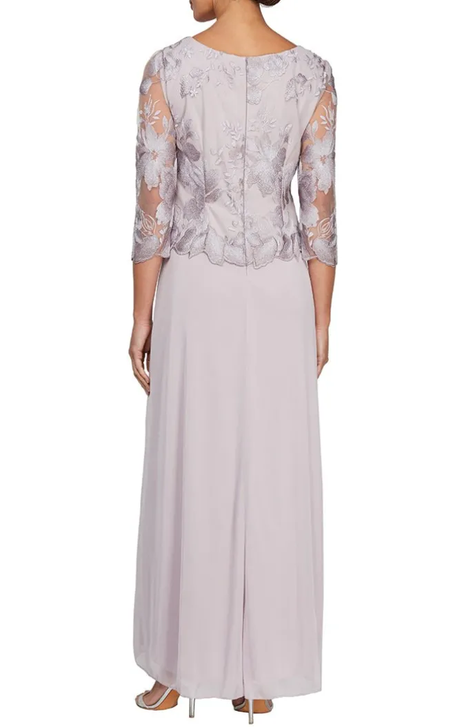 Petite Long A-Line Embroidered Mock Dress With Scallop Detail And 3/4 Sleeves
