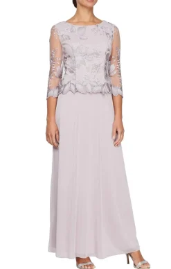 Petite Long A-Line Embroidered Mock Dress With Scallop Detail And 3/4 Sleeves