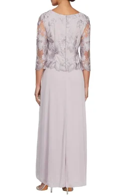 Petite Long A-Line Embroidered Mock Dress With Scallop Detail And 3/4 Sleeves
