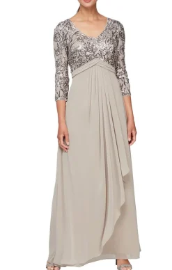 Petite Long A-Line V-Neck Dress With Empire Waistline And Cascade Detail Skirt
