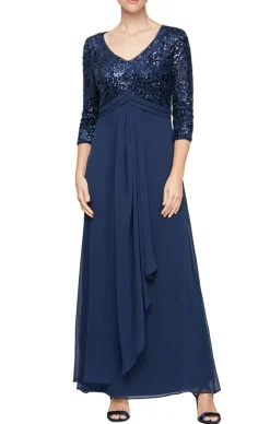 Petite Long A-Line V-Neck Dress With Empire Waistline And Cascade Detail Skirt