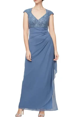 Petite Long Cap Sleeve Empire Waist Dress With Cording Detail And Cascade Skirt