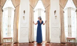 Petite Long Cowl Neck A-Line Matte Jersey Dress With Pleated Bodice Detail, Cowl Back, And Embellishment Detail