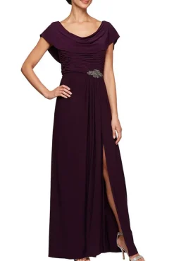 Petite Long Cowl Neck A-Line Matte Jersey Dress With Pleated Bodice Detail, Cowl Back, And Embellishment Detail