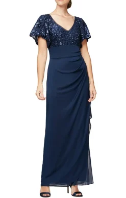 Petite Long Empire Waist Mesh With Embroidered Sequin Bodice, Flutter Sleeves And Cascade Detail Skirt