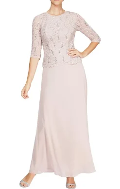 Petite Long Gown With Sequin Lace Bodice & Chiffon Skirt