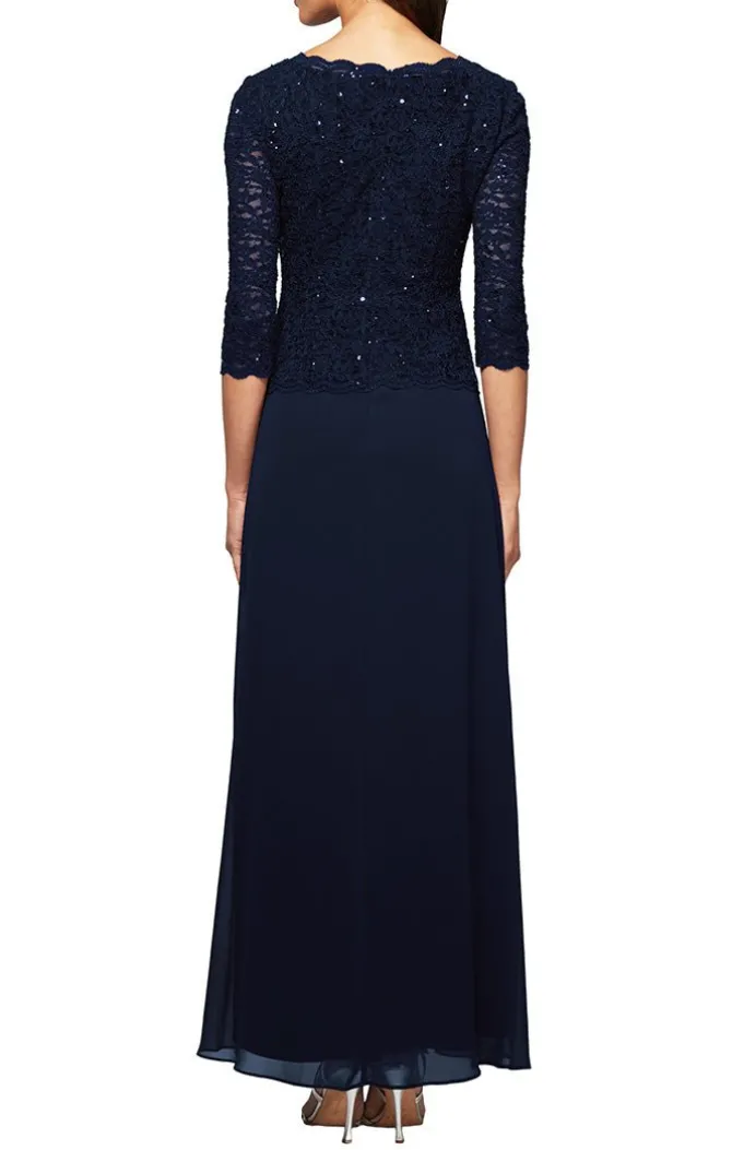 Petite Long Gown With Sequin Lace Bodice & Chiffon Skirt