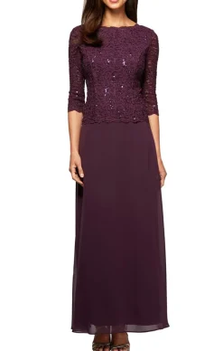 Petite Long Gown With Sequin Lace Bodice & Chiffon Skirt