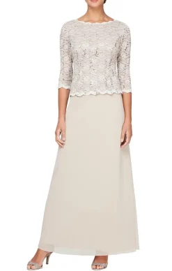 Petite Long Gown With Sequin Lace Bodice & Chiffon Skirt