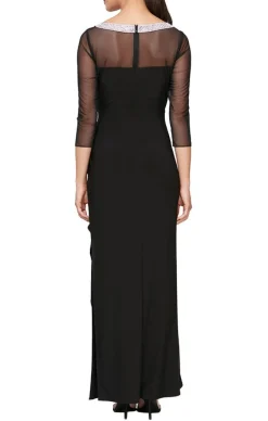 Petite Long Matte Jersey Illusion 3/4 Sleeve Side Ruched Dress With Embellished Neckline
