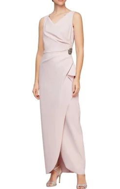 Petite Long Sleeveless Compression Sheath Gown With Surplice Neckline, Cascade Detail Skirt And Beaded Detail At Hip