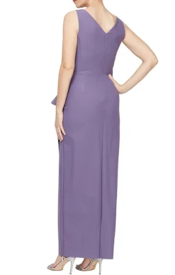 Petite Long Sleeveless Compression Sheath Gown With Surplice Neckline, Cascade Detail Skirt And Beaded Detail At Hip