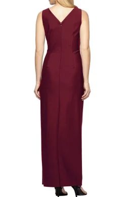 Petite Long Sleeveless Compression Sheath Gown With Surplice Neckline, Cascade Detail Skirt And Beaded Detail At Hip