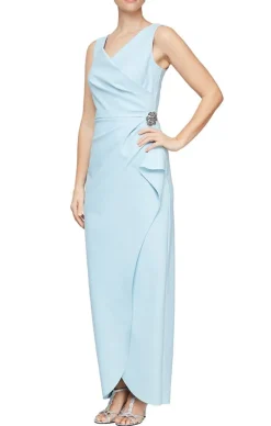 Petite Long Sleeveless Compression Sheath Gown With Surplice Neckline, Cascade Detail Skirt And Beaded Detail At Hip