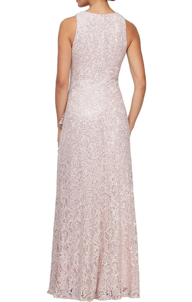 Petite Long Sleeveless Sequin Lace Dress With Cascade Ruffle Front Slit