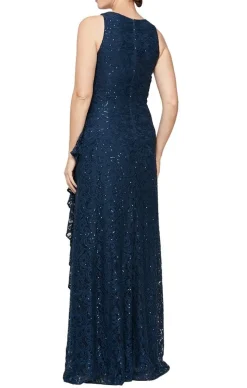 Petite Long Sleeveless Sequin Lace Dress With Cascade Ruffle Front Slit