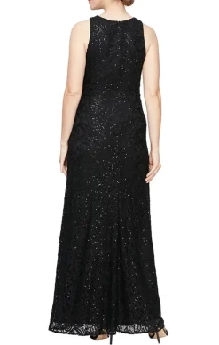 Petite Long Sleeveless Sequin Lace Dress With Cascade Ruffle Front Slit