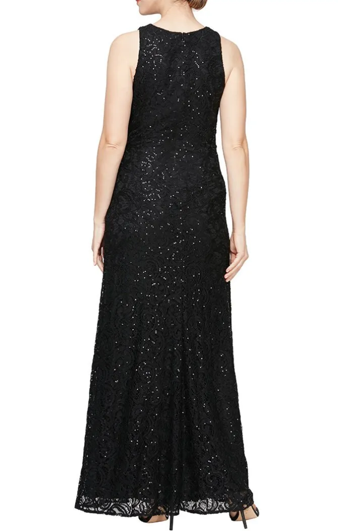 Petite Long Sleeveless Sequin Lace Dress With Cascade Ruffle Front Slit