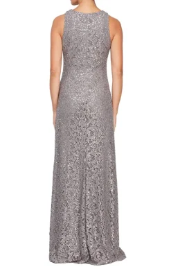 Petite Long Sleeveless Sequin Lace Dress With Cascade Ruffle Front Slit