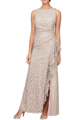 Petite Long Sleeveless Sequin Lace Dress With Cascade Ruffle Front Slit