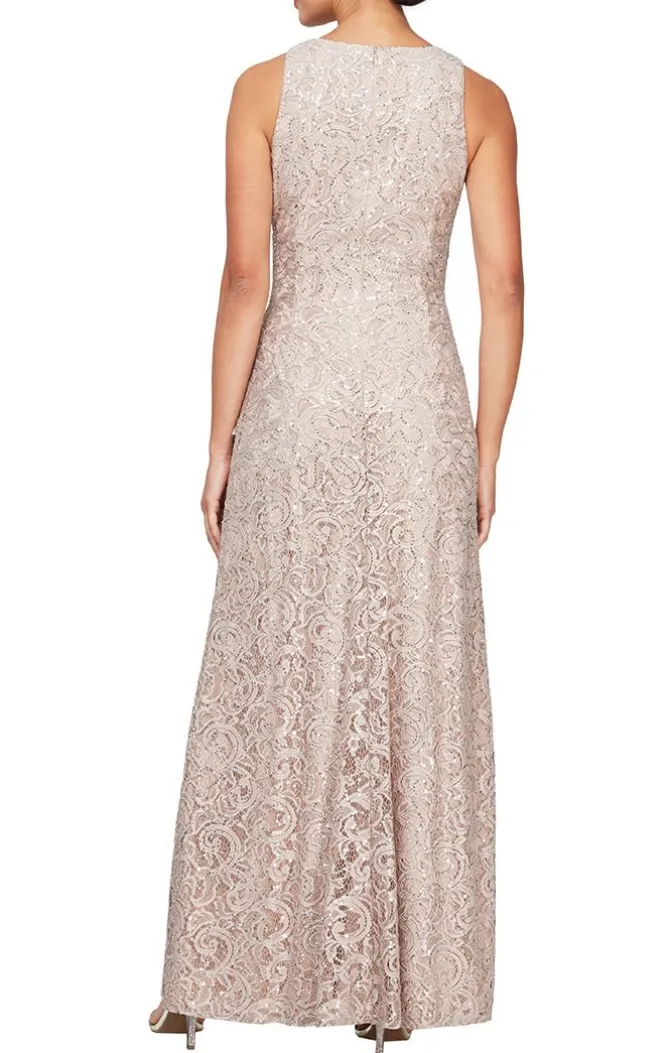 Petite Long Sleeveless Sequin Lace Dress With Cascade Ruffle Front Slit