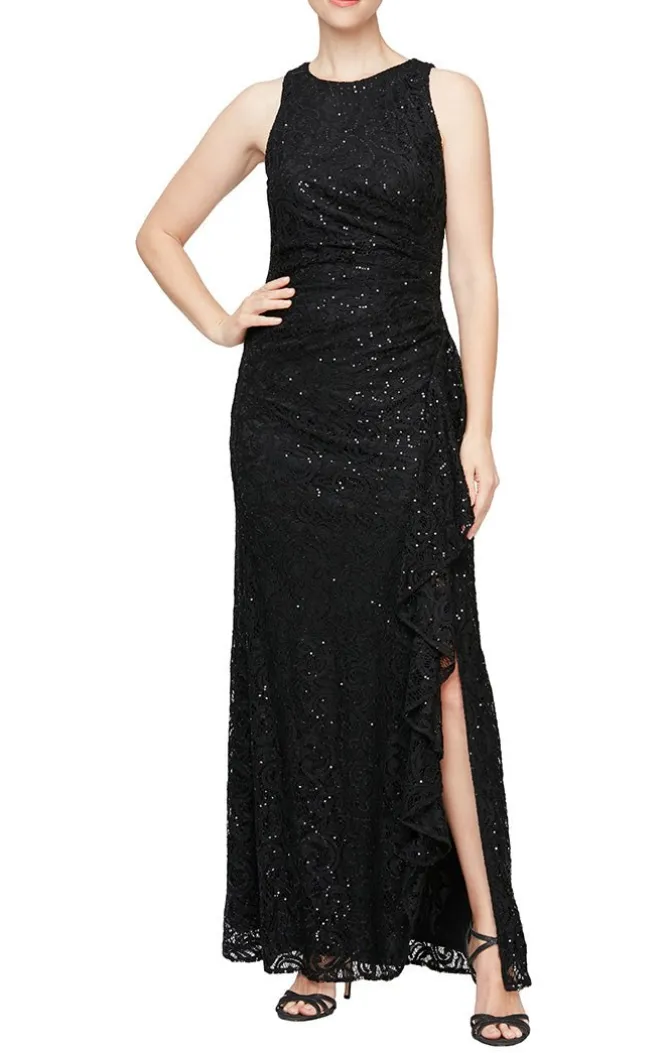 Petite Long Sleeveless Sequin Lace Dress With Cascade Ruffle Front Slit