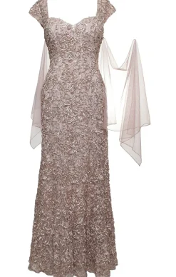 Petite Long Soutache Sweetheart Neckline Dress With Cap Sleeves And Shawl