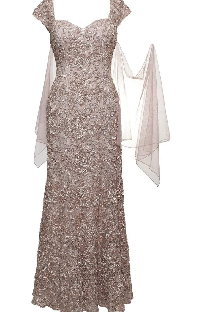 Petite Long Soutache Sweetheart Neckline Dress With Cap Sleeves And Shawl