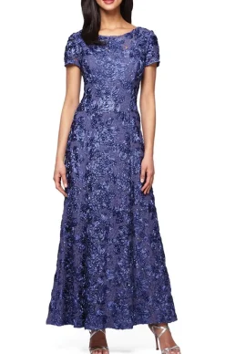Petite Long Tte A-Line Gown With Sequin Detail & Short Illusion Sleeves