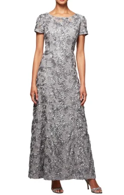 Petite Long Tte A-Line Gown With Sequin Detail & Short Illusion Sleeves