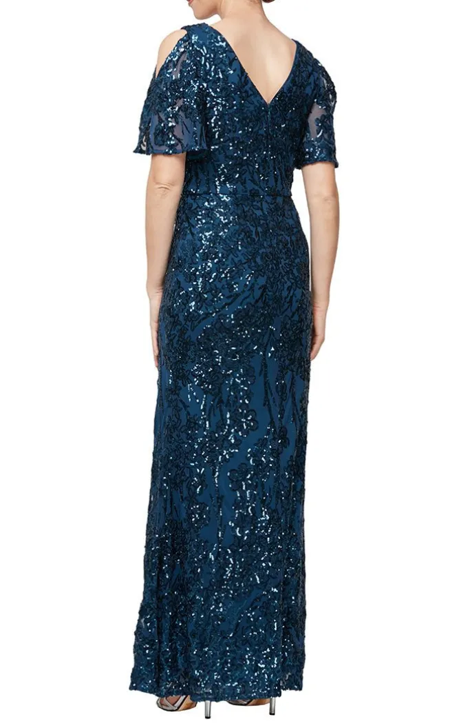 Petite Long V-Neck A-Line Sequin Dress With Cold Shoulder Flutter Sleeve