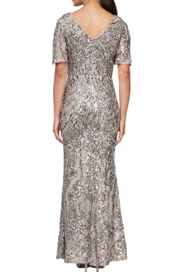Petite Long V-Neck A-Line Sequin Dress With Cold Shoulder Flutter Sleeve