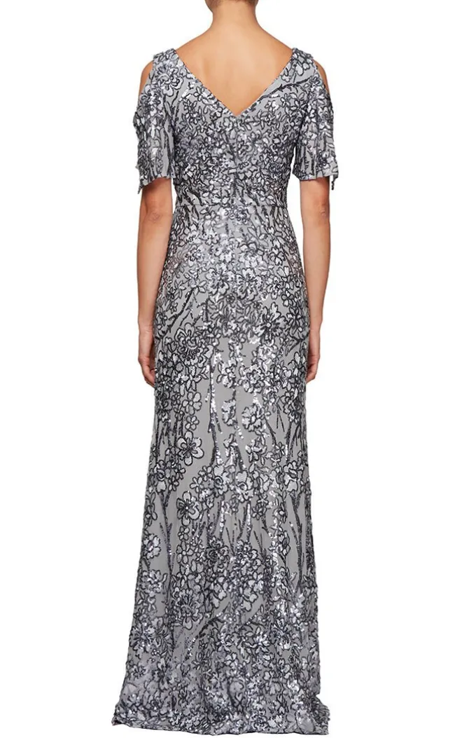 Petite Long V-Neck A-Line Sequin Dress With Cold Shoulder Flutter Sleeve