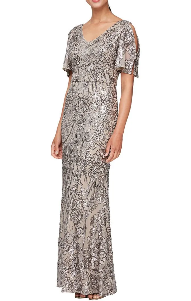 Petite Long V-Neck A-Line Sequin Dress With Cold Shoulder Flutter Sleeve