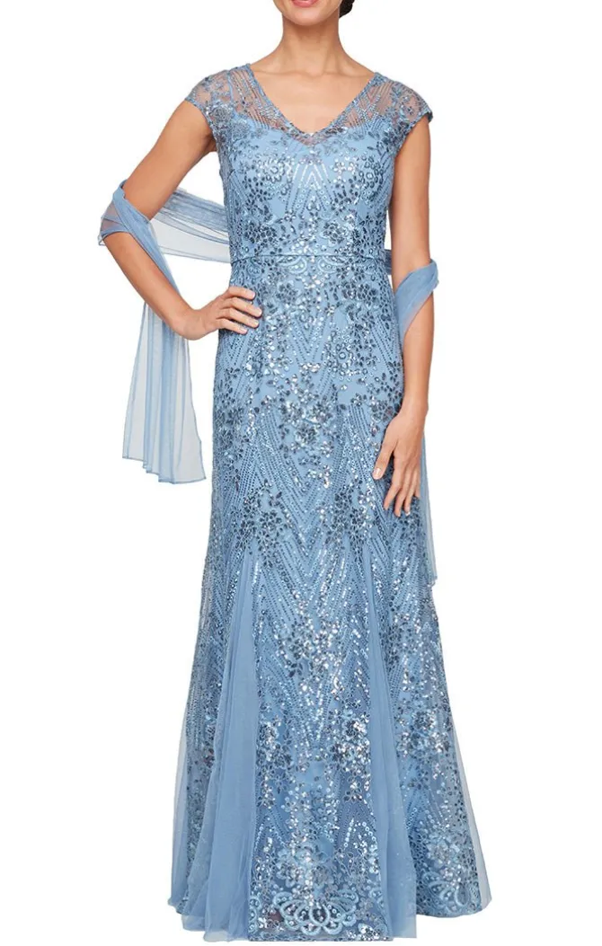 Petite Long V-Neck Embroidered Fit And Flare Dress With Illusion Neckline, Godet Detail Skirt And Shawl