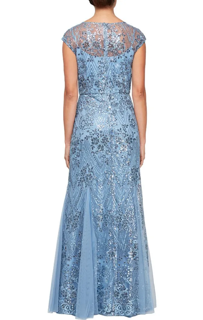 Petite Long V-Neck Embroidered Fit And Flare Dress With Illusion Neckline, Godet Detail Skirt And Shawl